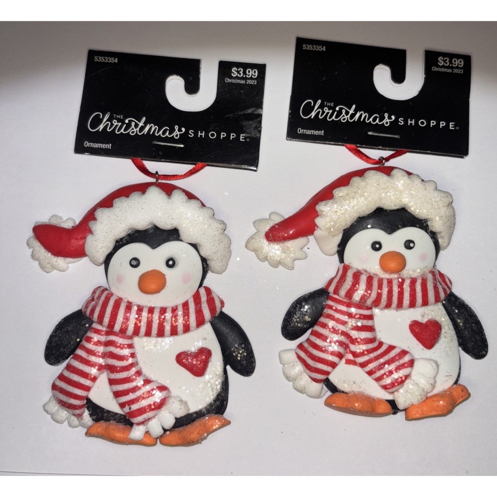 Set Of 2 Penguins with Scarfs Christmas Ornaments  Dough Art Polymer Clay 4"